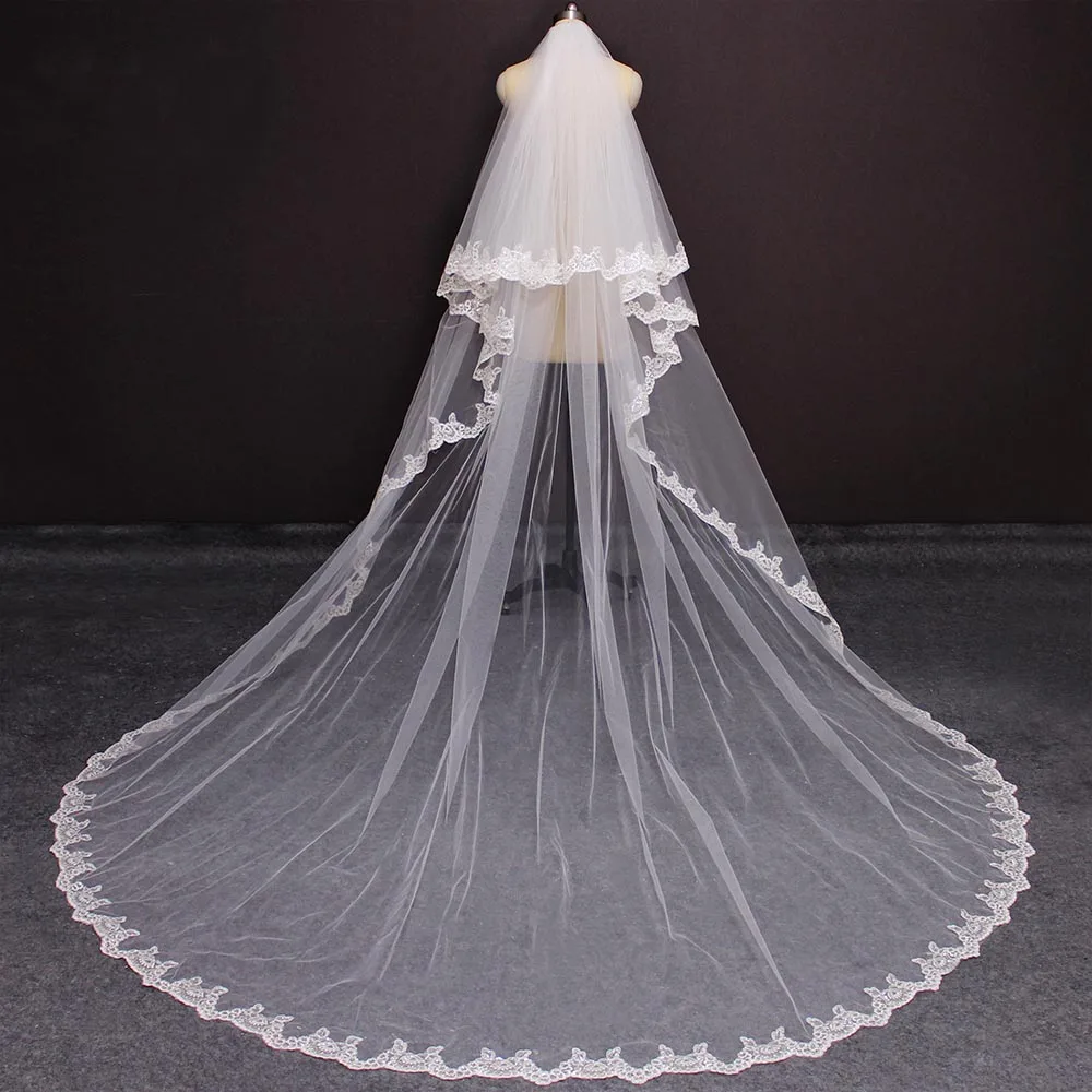 Customized Real Photos 2 Layers Bling Sequins Lace Long 3 M Wedding Veil White Ivory Bridal Veil with Comb 2T Head Veil