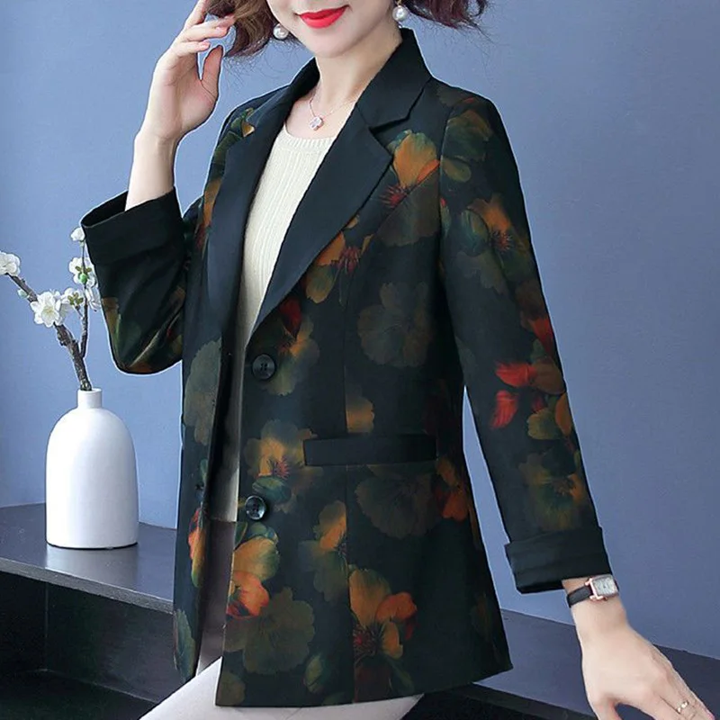 Vintage Printed Spliced Pockets All-match Blazer Women Clothing 2023 Autumn New Oversized Casual Tops Loose Office Lady Blazers