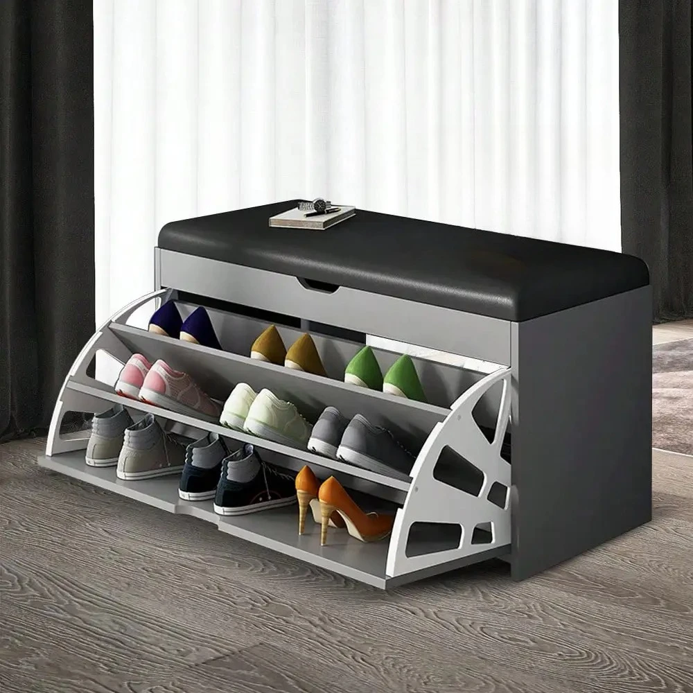 Customizable Entryway Shoe Rack With Cushioned Seat, Shoe Bench For Entry, 3 Shelves Storage Bench W/Faux Leather Top