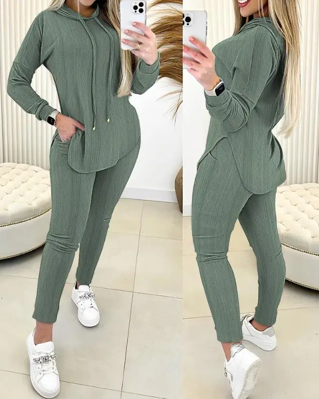 

Two Piece Set Women Outfit 2024 Spring Cable Textured Long Sleeve Slit Hooded Sweatshirt & Casual Pocket Design Pants Set