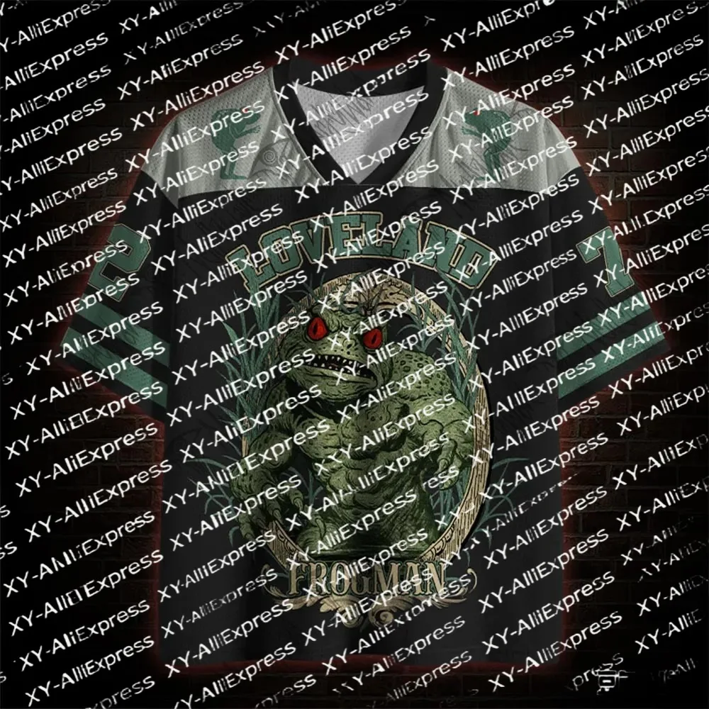 Vintage Monster V-Neck Mesh Jersey for Men, Retro Amphibian Beast Art Print, Casual Sporty Top for Unique Urban Outfit