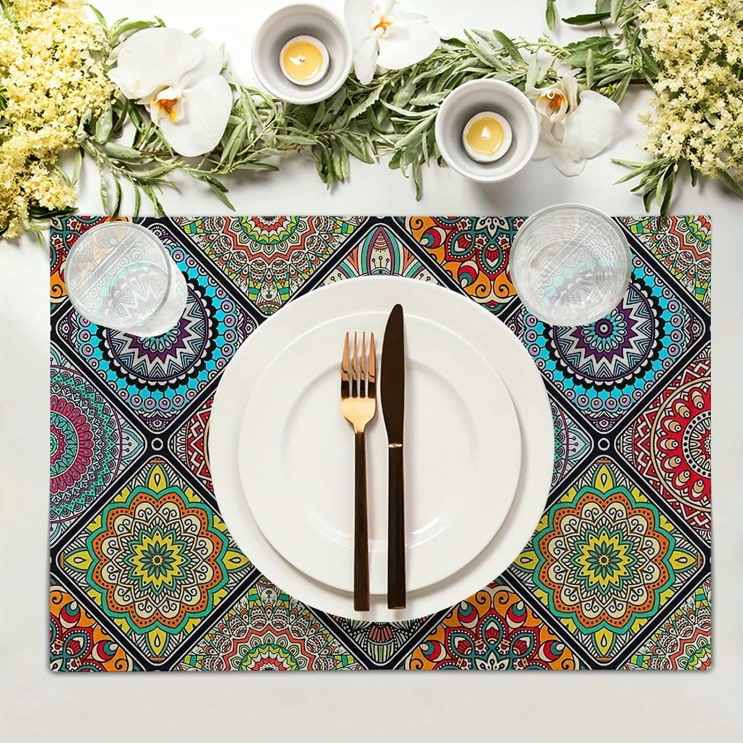 1pc Table Pads, Boho Mandala Placemats, Mexican Ethnic Traditional Pattern With Geometric Plaids, Bohemian Flower