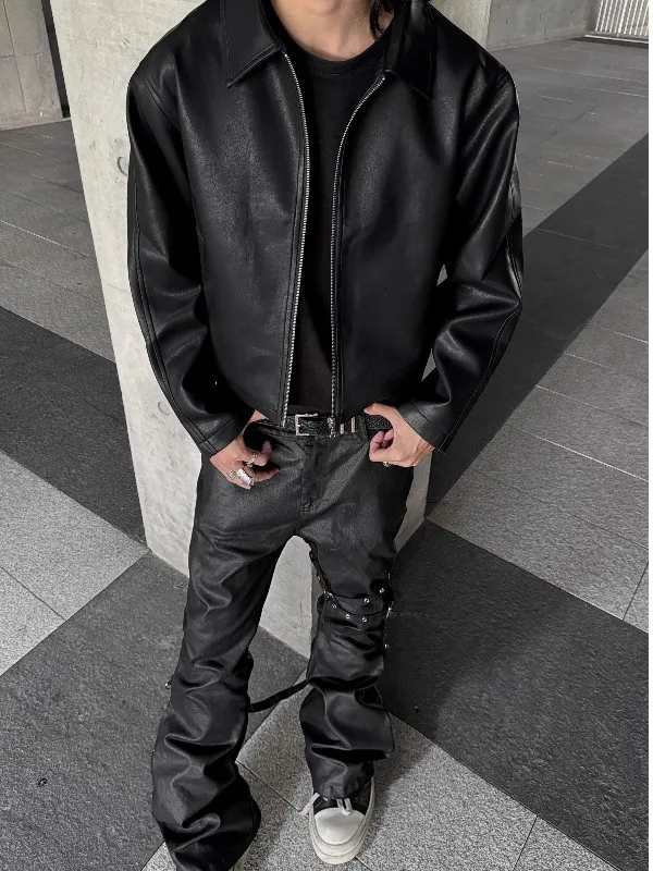 جاكيت رجالي قصير من الجلد الصناعي الأسود ذو ملمس خشن، تصميم واسع ونظيف، بطانة داخلية حمراء، أزياء شبابية مقاومة للرياح، إنتاج... #4