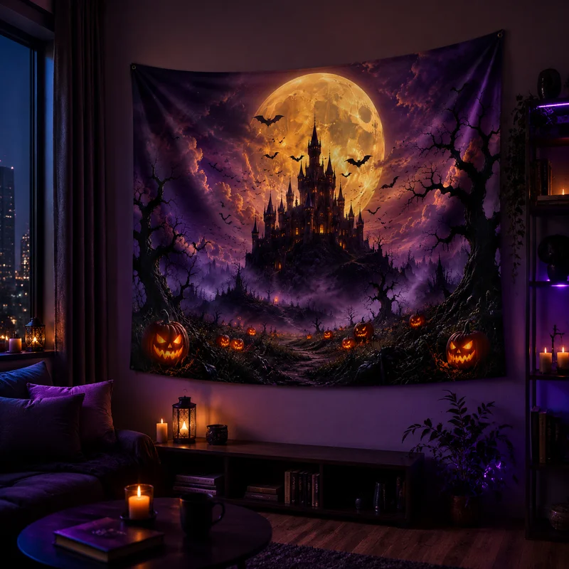 VIKAMA Mysterious Halloween Tapestry, Vampire Castle Bats, Gothic Bedroom, Dark Aesthetic Room Decor, Home Decor Tapestry