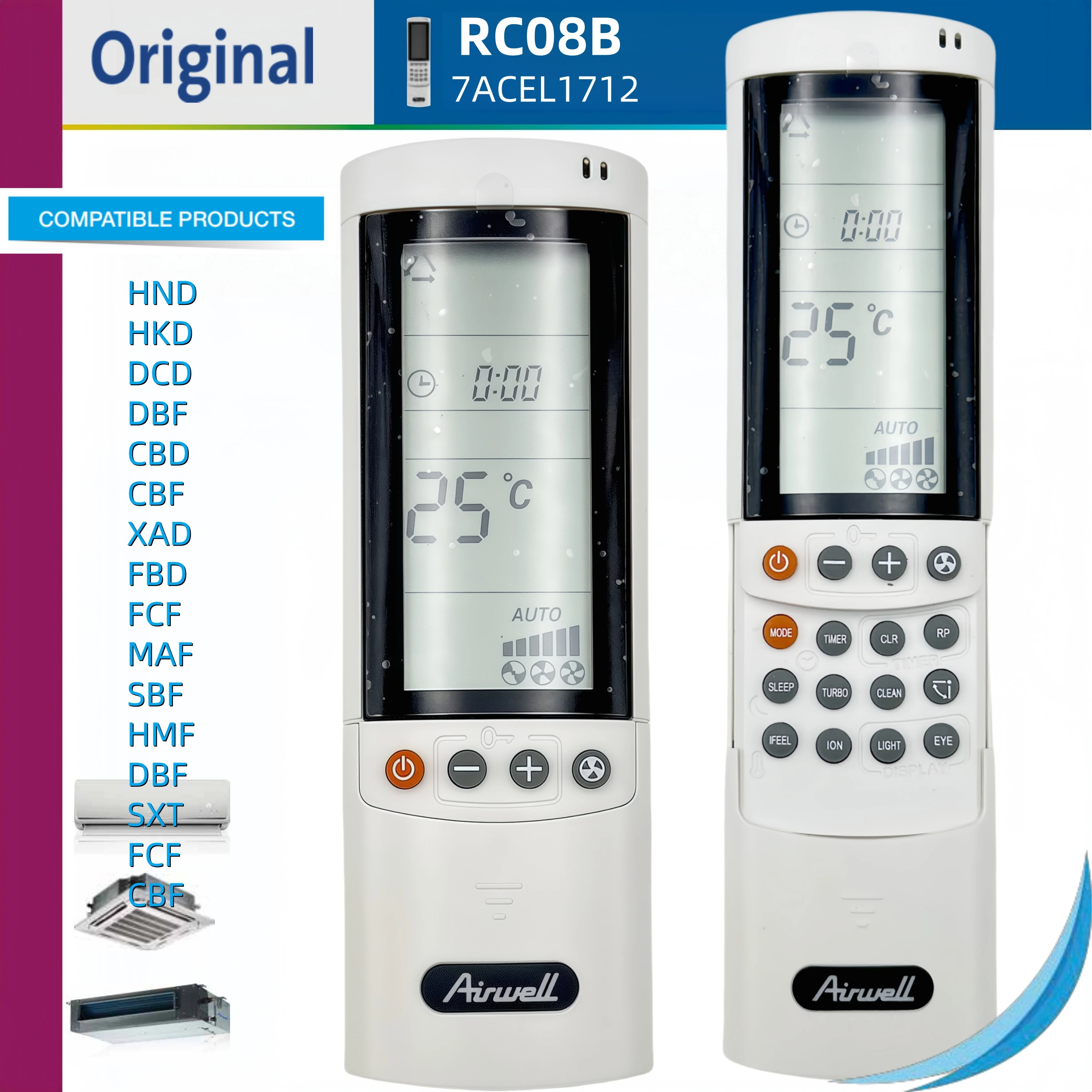 جهاز تحكم AC أصلي RC08B/7ACEL1712/202055091468 لمكيفات الهواء Airwell, ELECTRA, Johnson سلسلة HND/HKD/HMF/DCD/DBF/CBD/CBF/XAD/FCF/SXT/MAF