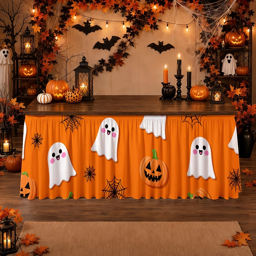 Table skirt cartoon ghost pumpkin spider web halloween theme autumn pie tablecloth 1pc 1 piece