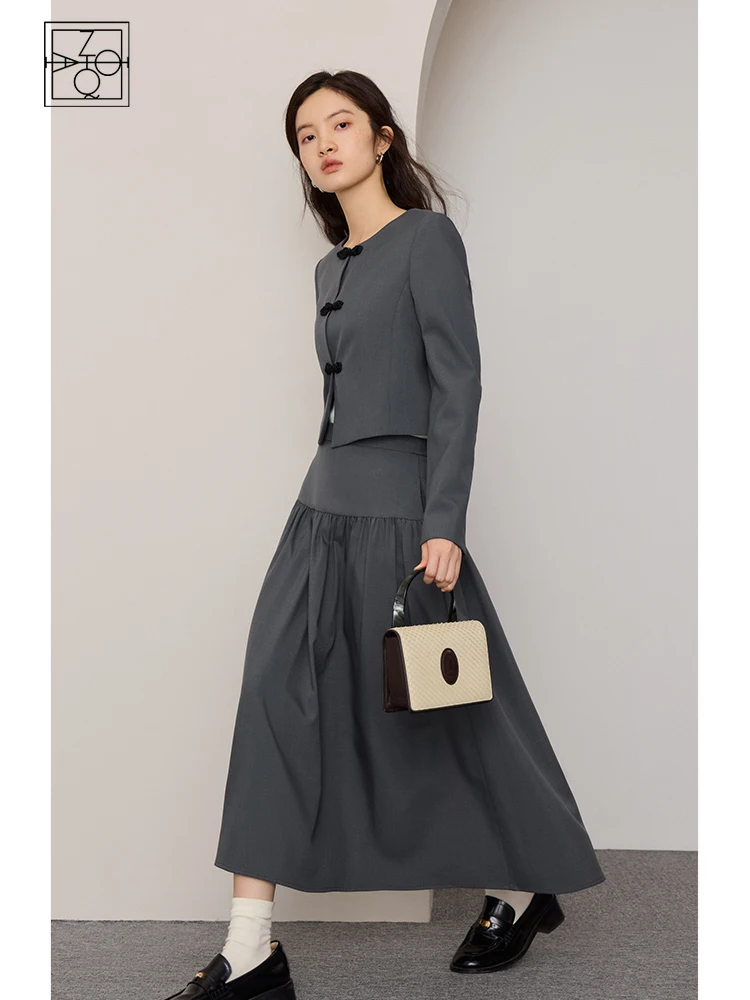 

ZIQIAO Petite Size Women Blazer Skirt Sets Office Lady Grey Buckle Button Cropped Round Neck Blazer High Waist Women Long Skirt