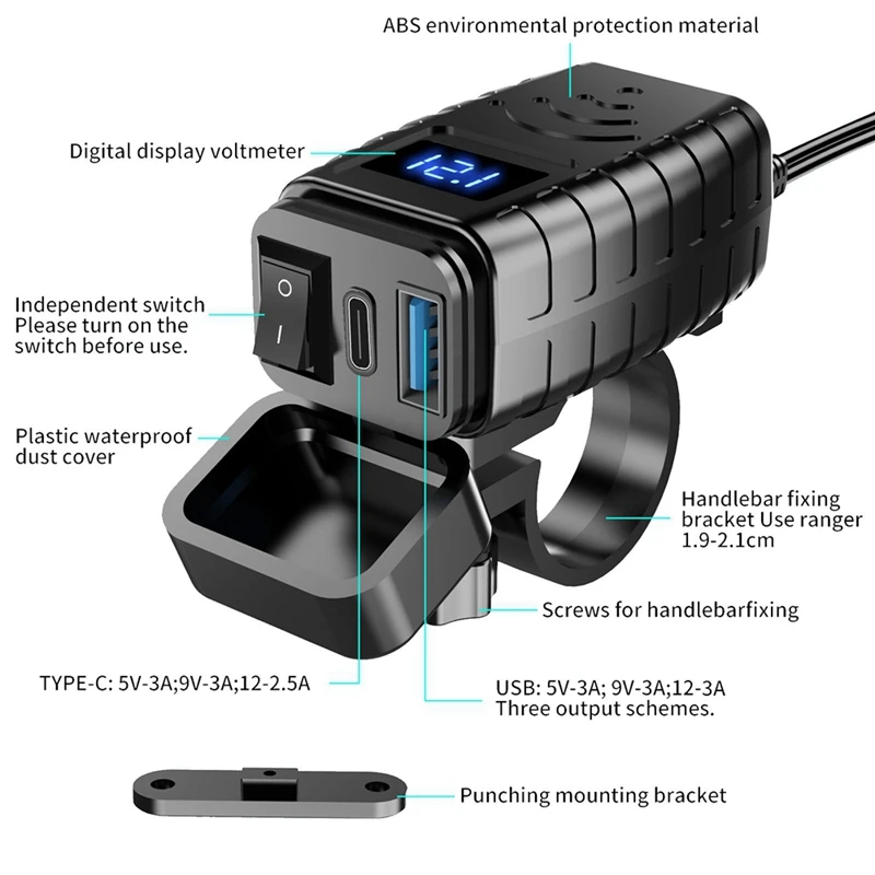 PD3.0+QC3.0 .0 Motorcycle USB Fast Charger Port Socket Connector With Cell Mobile Voltmeter Digital Charge