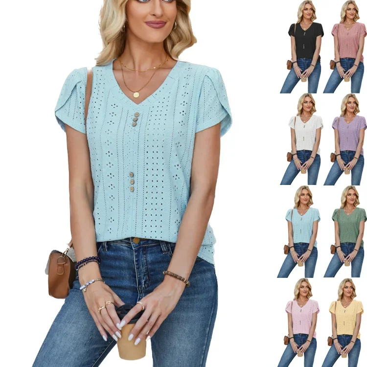 女性の新しい夏のトップ V ネックボタンパッチワーク花びらスリーブ無地 Tシャツ女性トップカジュアル半袖 Tシャツ女性トップス