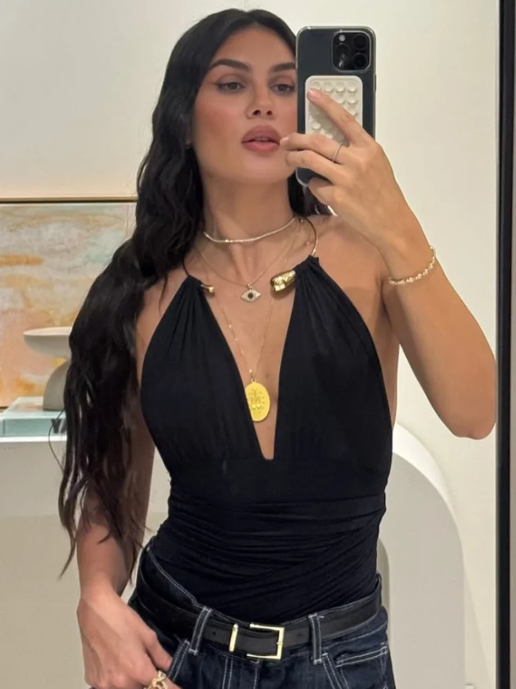 Sexy Solid Ring Halter Bodysuit women Fashion Sleeveless Off Shoulder Deep V-neck Slim Bodysuits 2025 Lady Party Chic Wear New