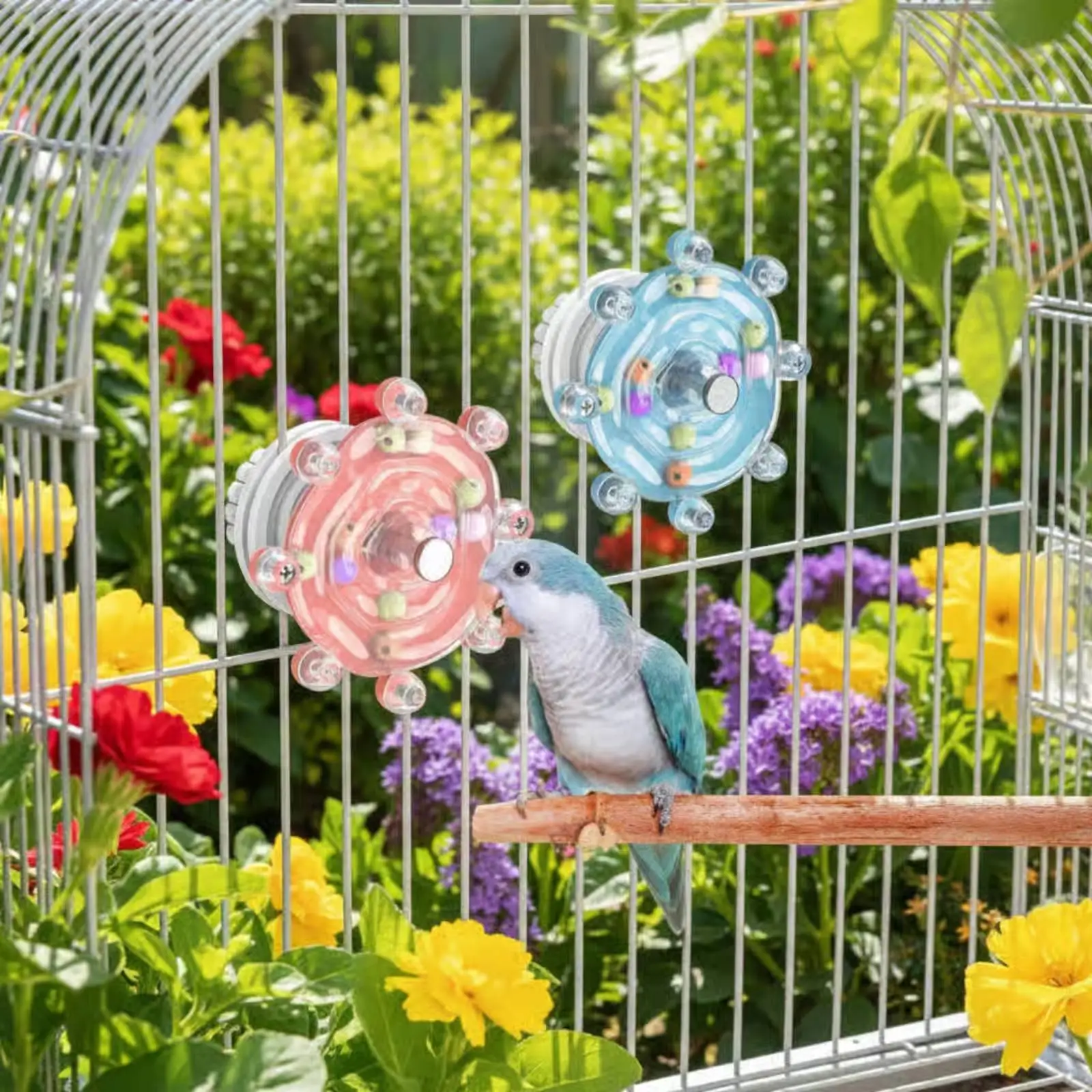 Colorful Rotating Chewable Bird Toy with Rattling Beads for Parrot Cage Foraging and Playtime Fun