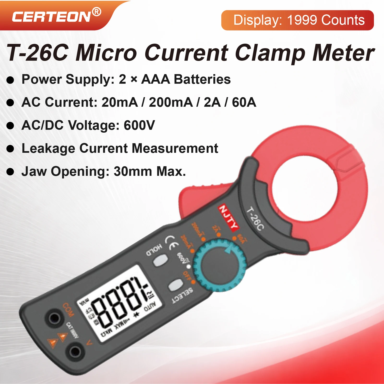 T-26C Leakage Current Clamp Meter Digital AC Clamp Meter 0.01mA Resolution Auto Range 20mA to 60A High Precision