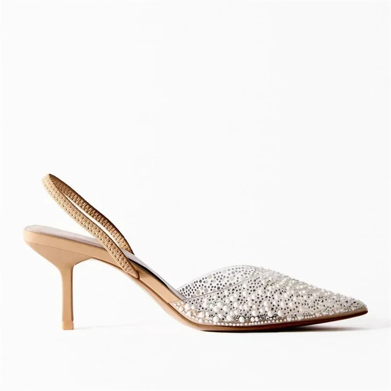 TRAF trasparente strass tacchi donna scarpe col tacco alto punta a punta Slingback tacchi alti 2024 donna pompe perla tacchi da sposa
