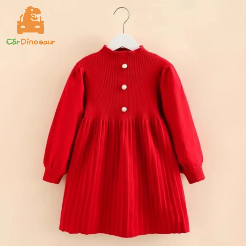 2025 Winter Warm 3 4 5 6 7 8 9 10 12 Years Children‘s Christmas New Year Birthday Princess Red Knitted Dress For Baby Kids Girl