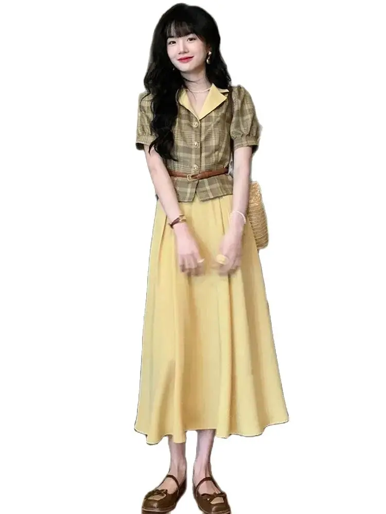 Korea Shirts Skirt Two Piece Set Women Retro Puff Sleeve Sweet All-Match Slim Cropped Daily Plaid Sexy Leisure