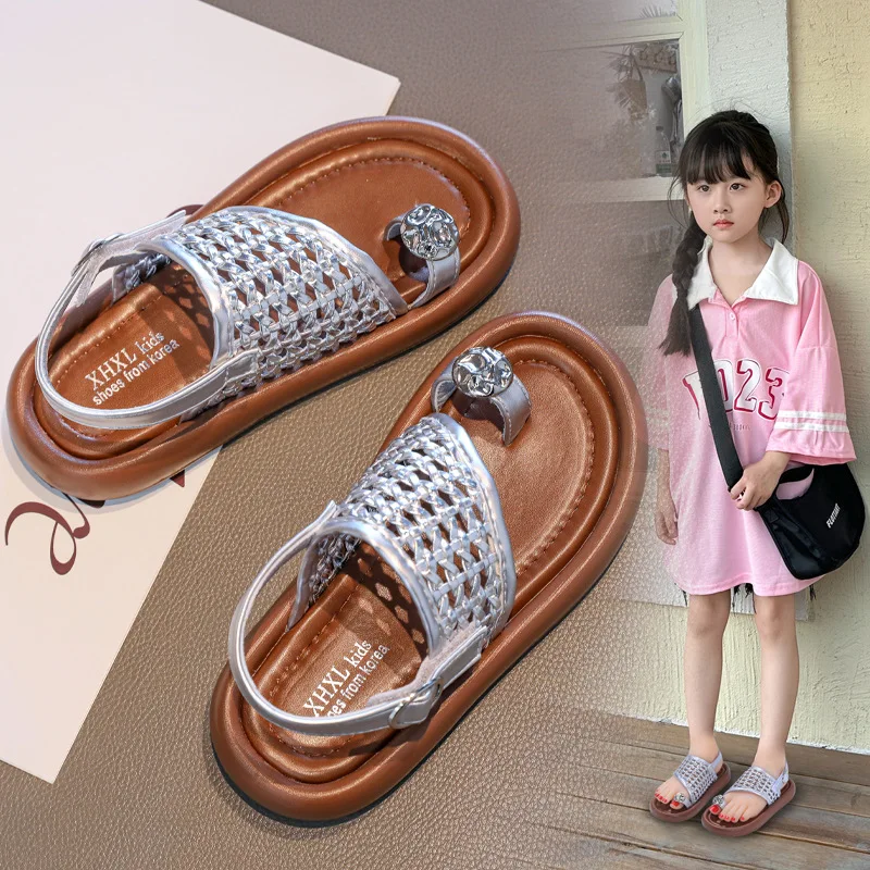 

Детские летние тканые шлепанцы с жемчугом для девочек, на плоской подошве, с закрытым носком, размеры 23-35