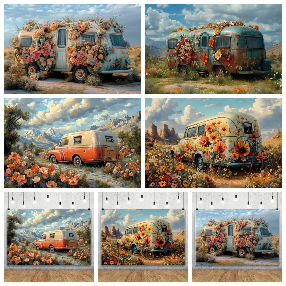 Spring Colorful Flowers Truck Photography Backdrop Oil Painting Nature Landscape Wedding Birthday Party Decor Photo Background