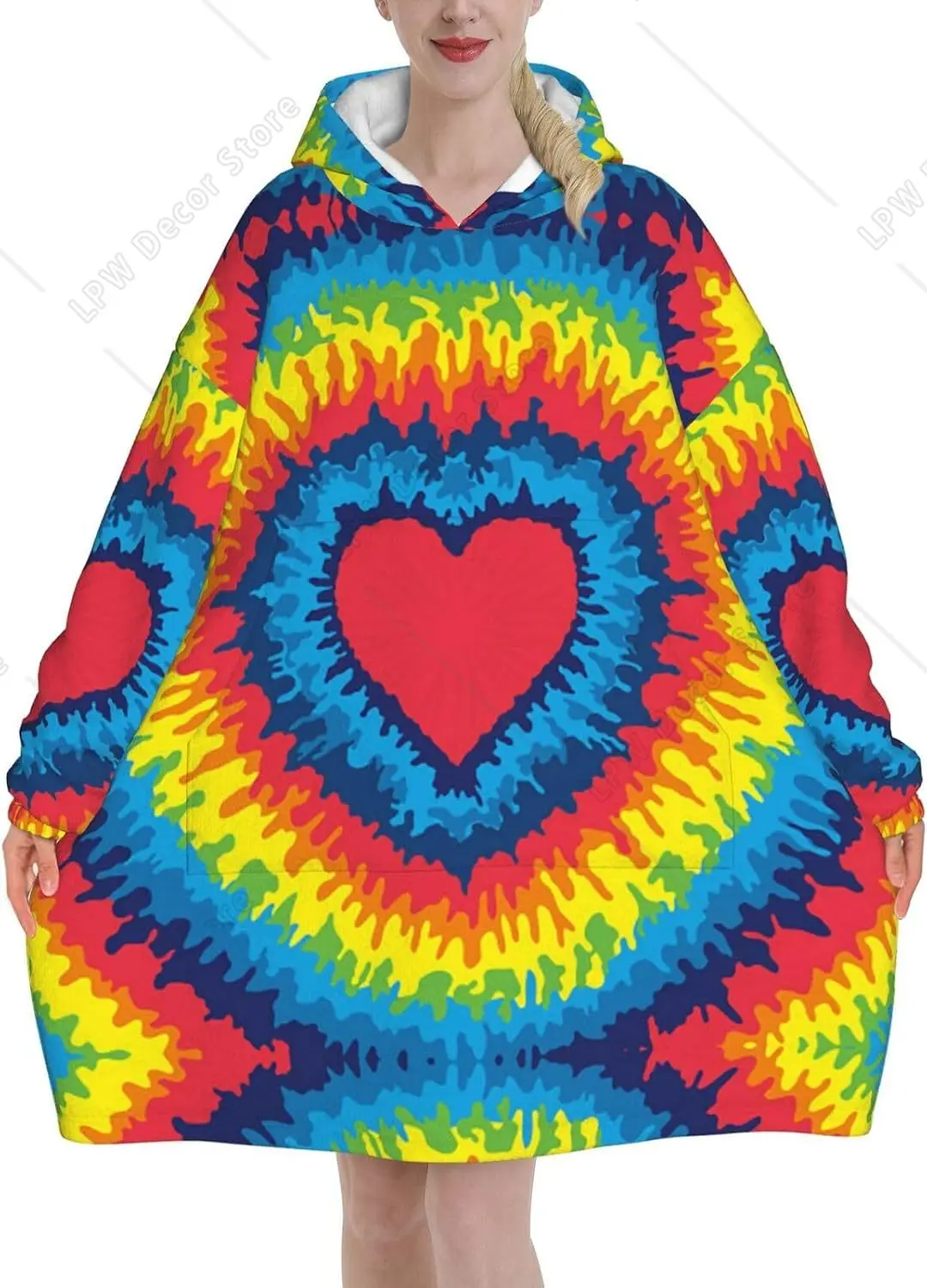 Heart Rainbow TieDyed Print Blanket Hoodies For Women   Men Adult Teen Wearable Hooded Sweatshirt With Pocket