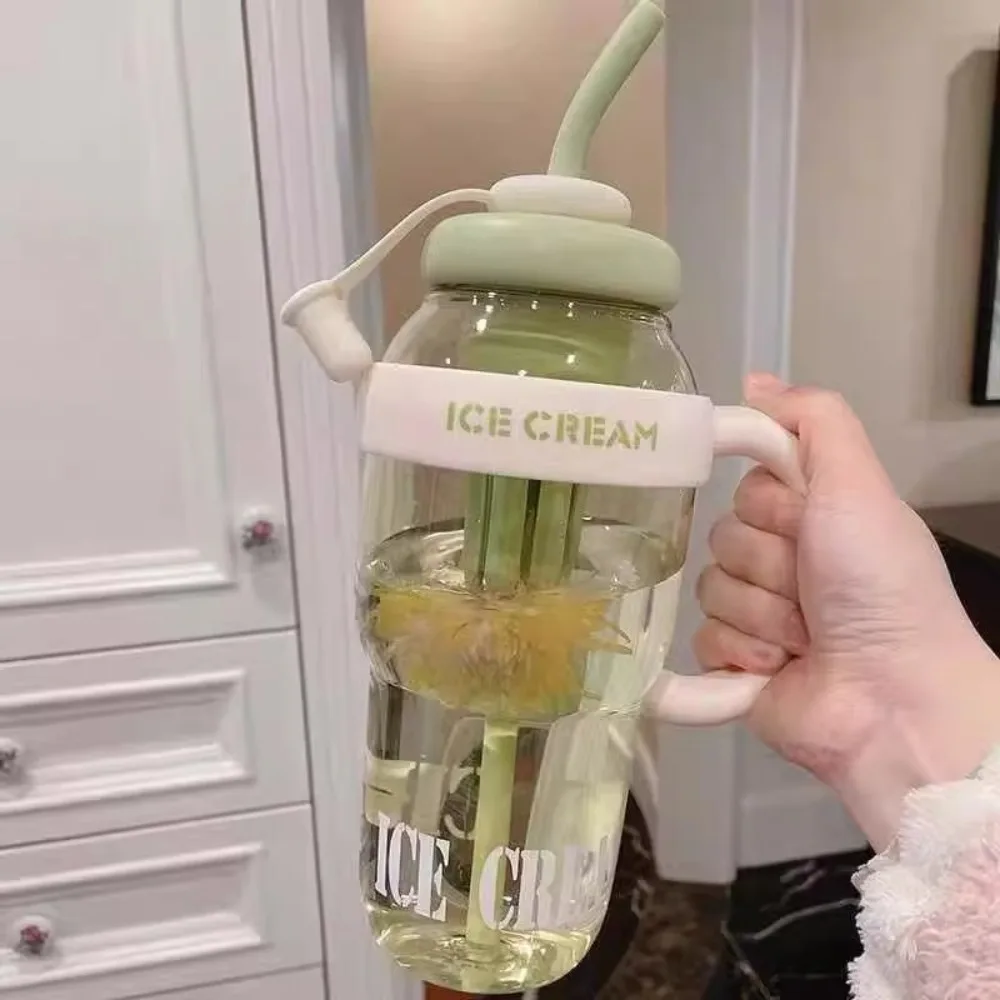 Cute 1200ML Summer Plastic Cup Large Capacity Leakproof Milky Tea Cup with Handle Lucky Belly Cup Outdoor Travel