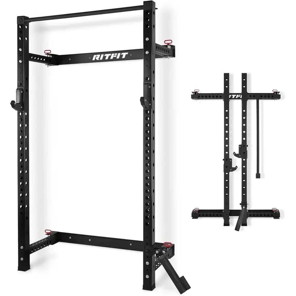 

Compact Wall-Mounted Squat Rack for Home Gym with Space-Saving Design and Attachments