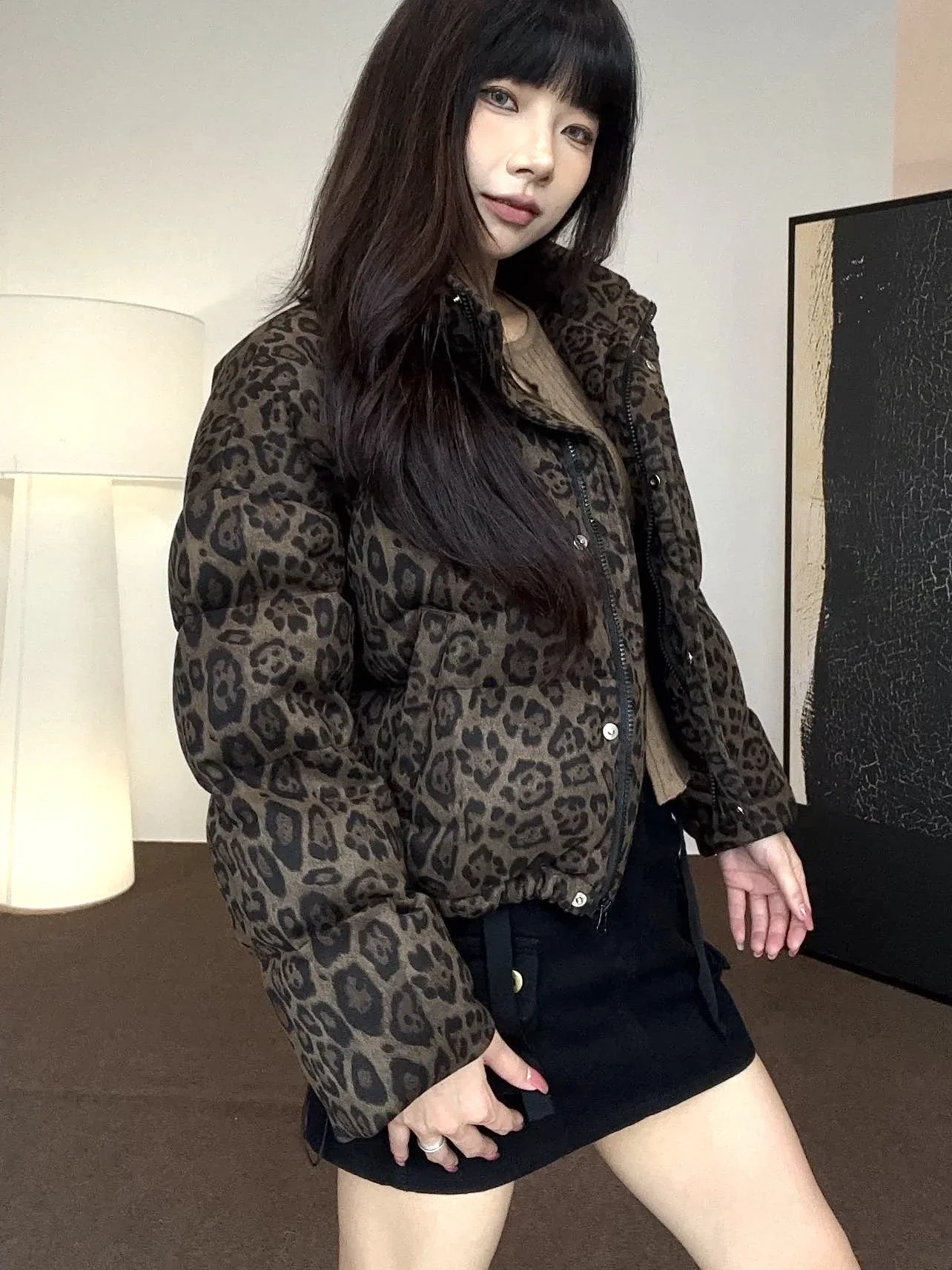 2025 Winter New Women\'s Down Jacket Loose Windproof Stand Up Collar Leopard Pattern Jacket