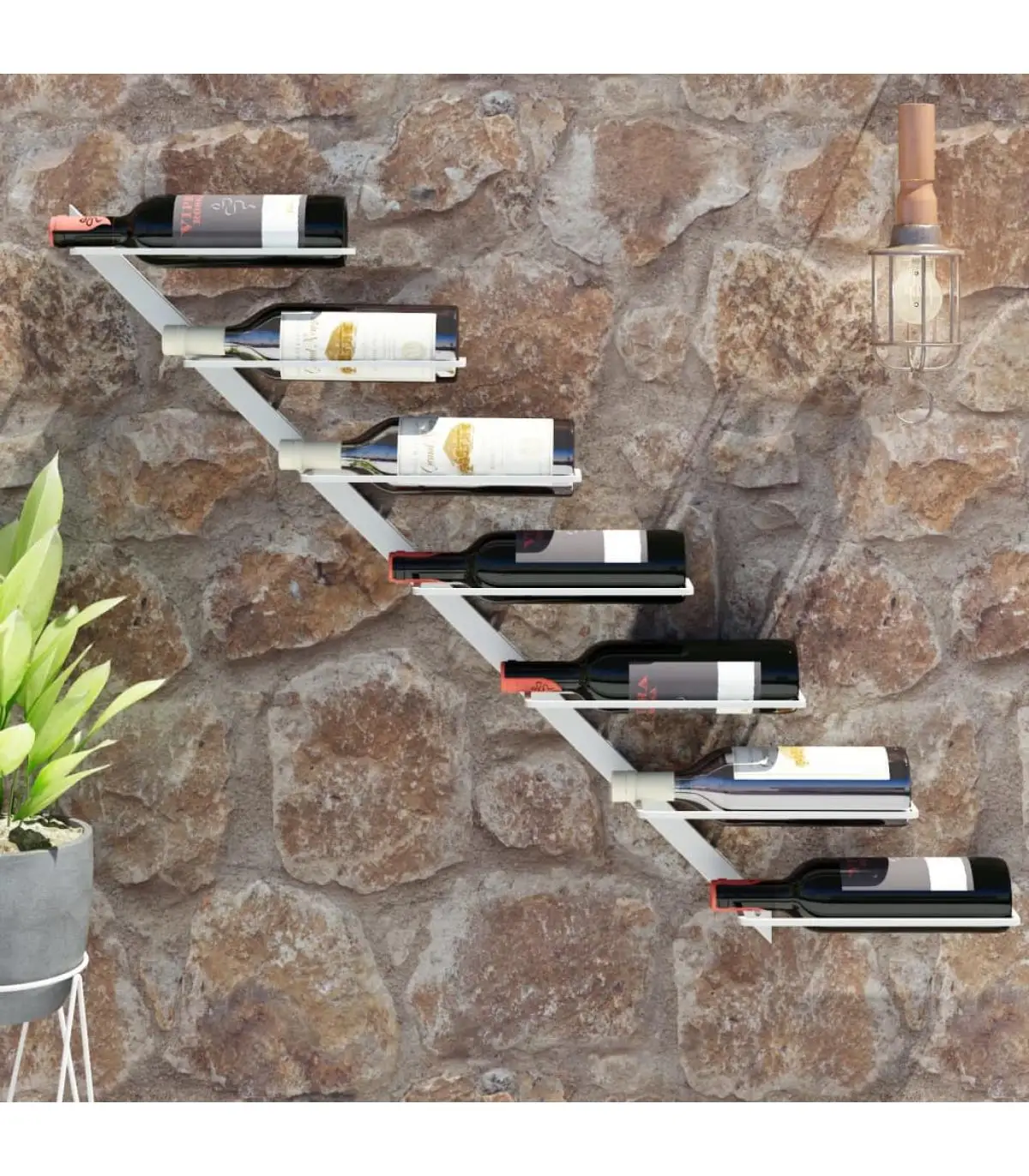 Wall-mounted wine rack for 7 bottles of white metal