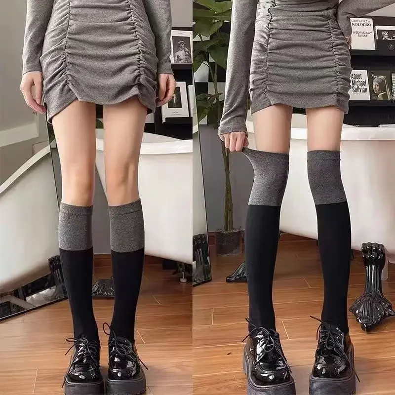 Medias de retazos tejidas para mujer, medias largas y ajustadas por encima de la rodilla, suaves y cálidas, color negro y gris, nuevo diseño