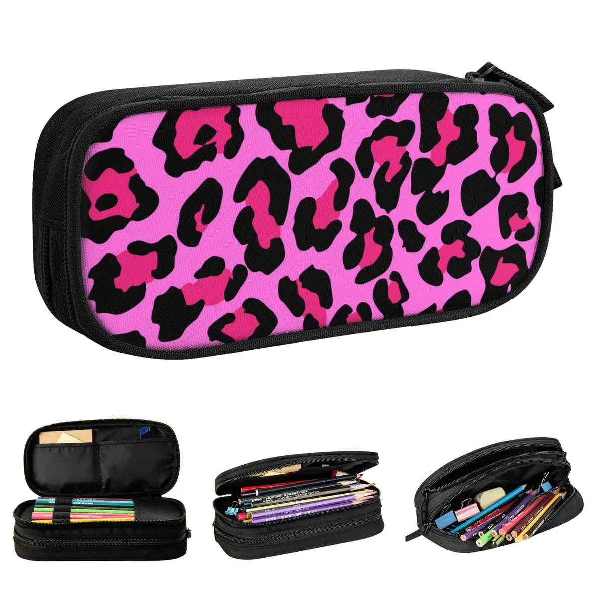 Estojo Lápis Leopardo com Zíper para Crianças, Pink Cheetah Animal Lápis Casas, Saco De Armazenamento Grande, Papelaria Para Escritório, Pen Box, Novo