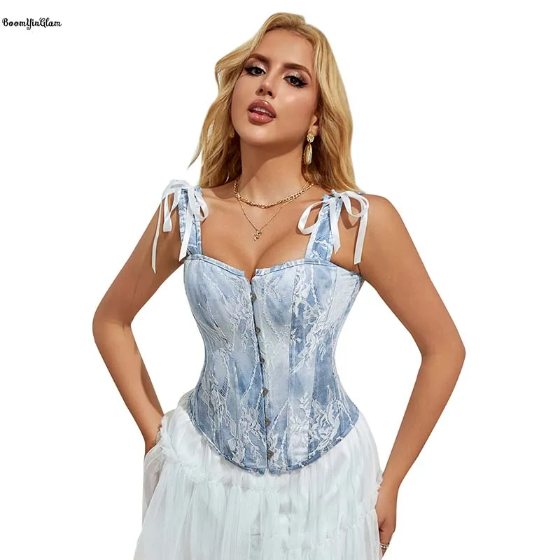 

Plus Size Xs-XXL Blue Steampunk Sleeveless Vest Tank Top Shoulder Strap Bow Tight Floral Lace Corset For Women