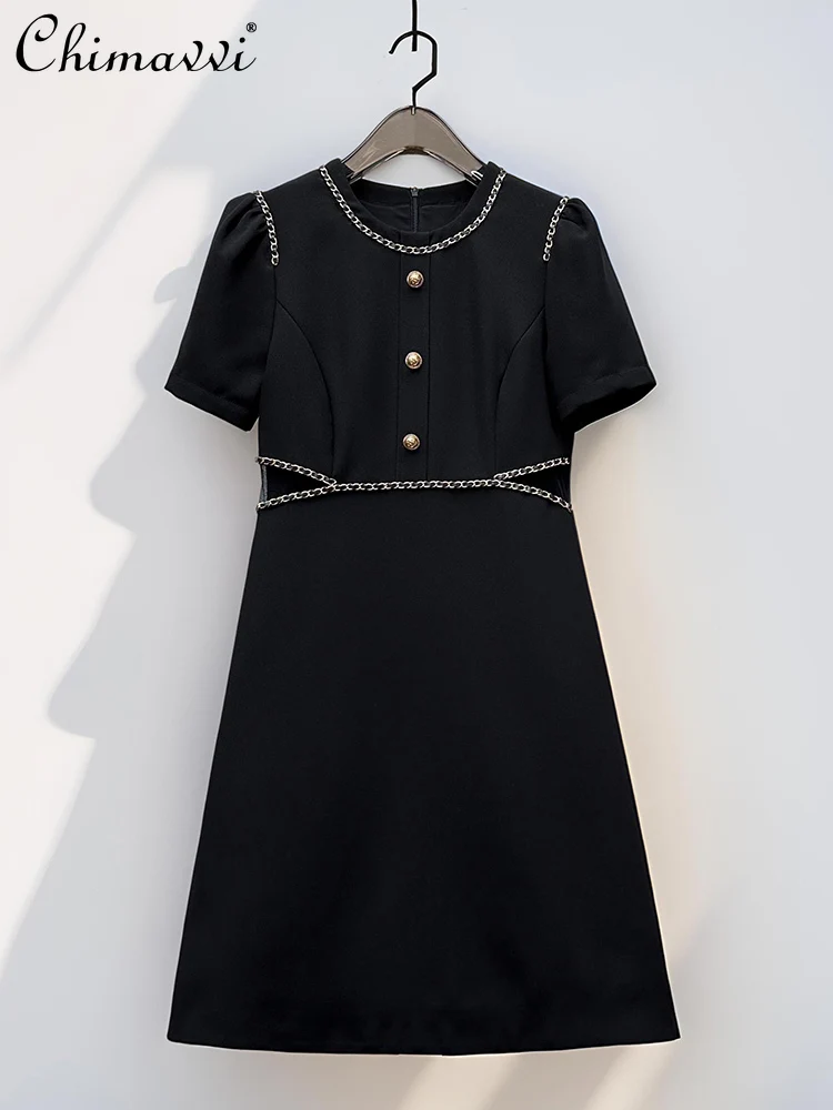 

French Elegant Temperament Dresses Summer Round Collar Short Sleeve Hollow High Waist A-line Fashion Commuter Black Dress Women