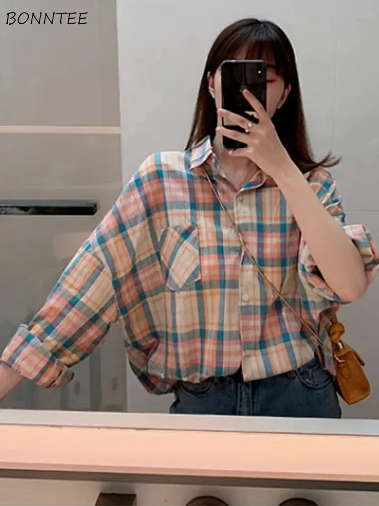 

Рубашки для женщин и студентов, простой милый клетчатый дизайн, универсальные солнцезащитные летние тонкие свободные рубашки для отдыха во французском стиле, повседневные женские рубашки