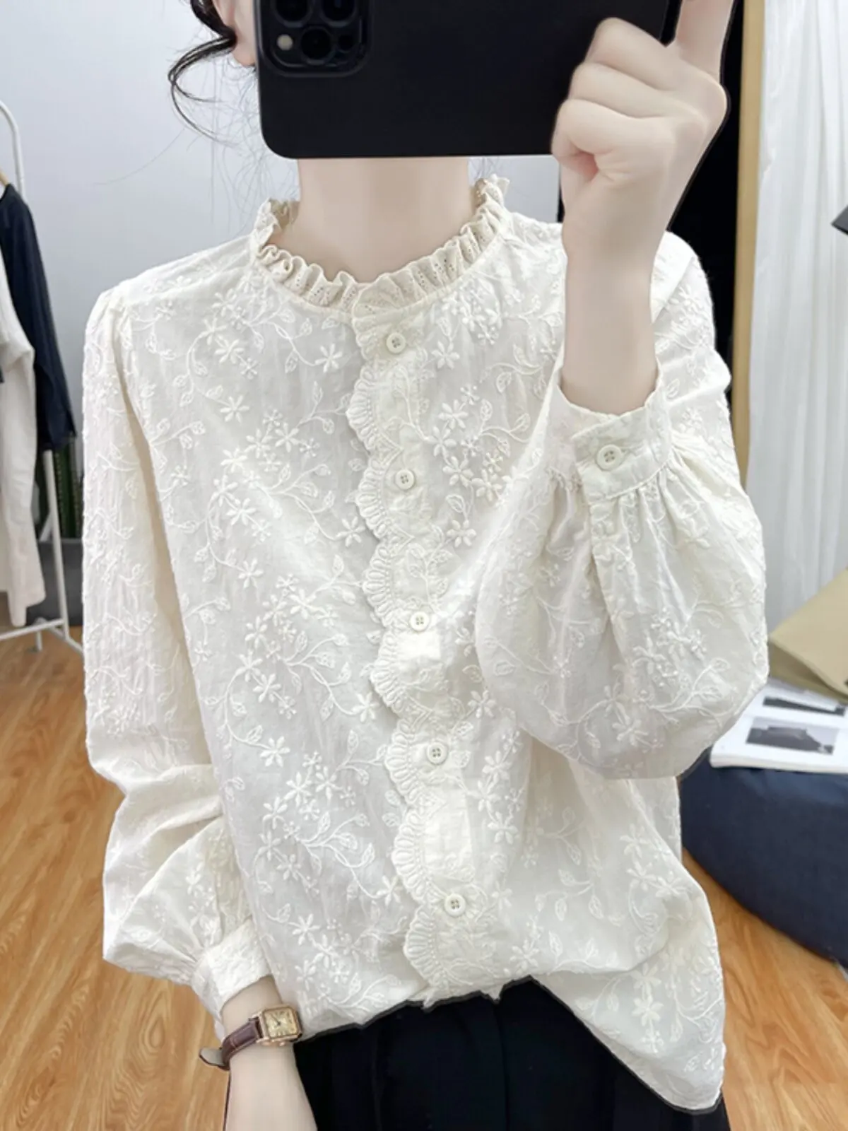 

Элегантная женская блузка из чистого хлопка с кружевными цветами, на одной пуговице, мягкая, стильная, во французском стиле, прямого кроя