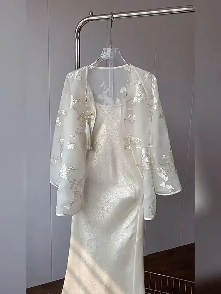 

New Chinese High End Cheongsam Set Women Summer Fashion Embroidery Long Sleeve See Through Coat + Sling Dresses 2 Piece Set