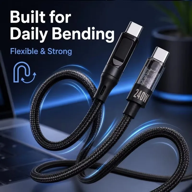 1-2Pcs 240W Nylon USB C PD Super Fast Charging Data Cable with LED Digital Display Dual Type C Quick Charge Data Cords 1M 2M