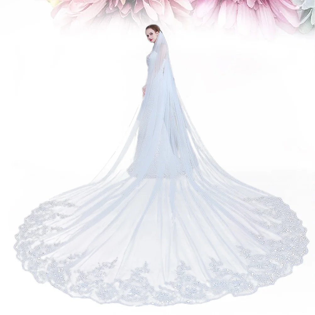 

Floor Wedding Veil Bridal Veils Long Lace Paillette Appliques Comb Accessory Elegant Simple Flowy Smooth Pure White