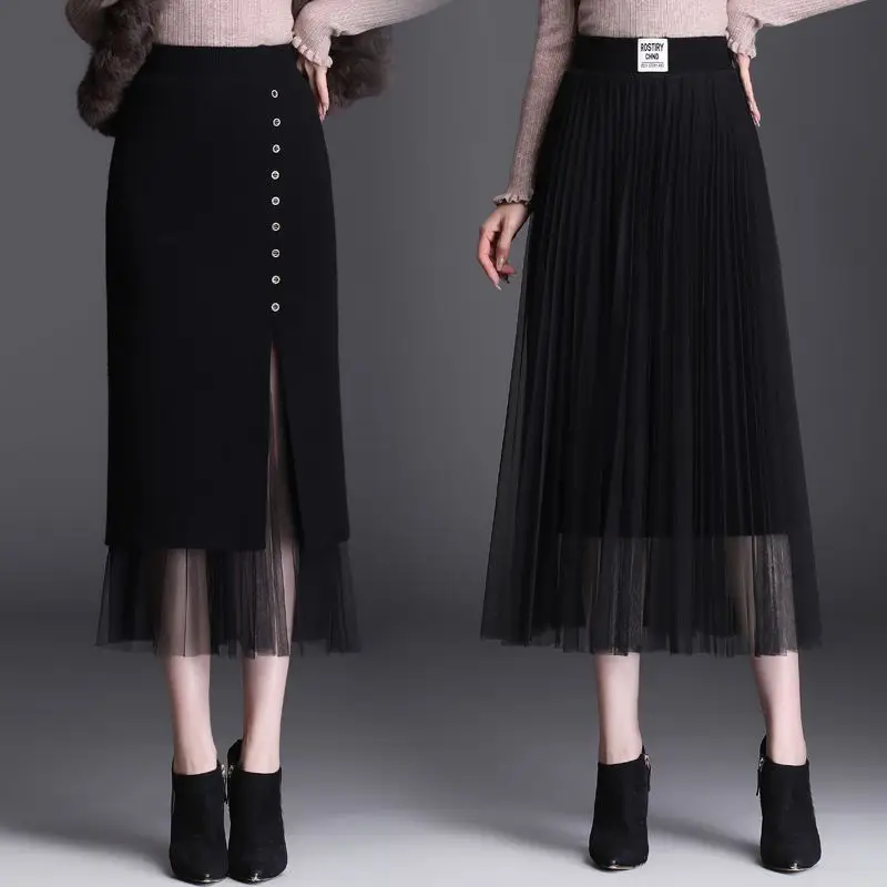 

Korean Woman Double-sided Wear Lace Patchwork Knitted Skirt Autumn Winter Elastic High Waist A-line Elegant Casual Slirt R351