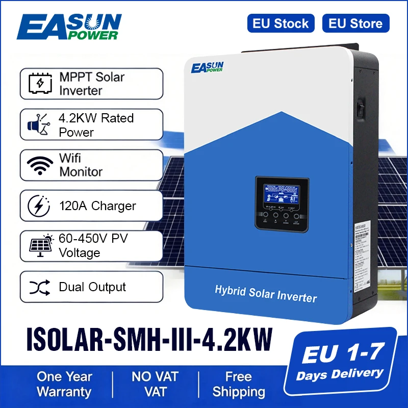 Easun Hybride Omvormer 6.2kW/48V 4.2kW/24V MPPT Dubbele Uitgang Zuivere Sinusgolf 120A 230V 50/60Hz Zonne-omvormer Oplader met BMS wifi