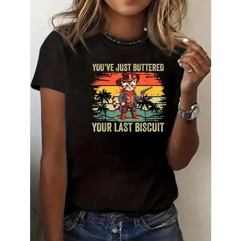 

Funny Cowboy Cat T Shirt Unisex Retro Western Animal Graphic Tee Last Biscuit Quote Oversized Loose Fit Vintage Streetwear Top