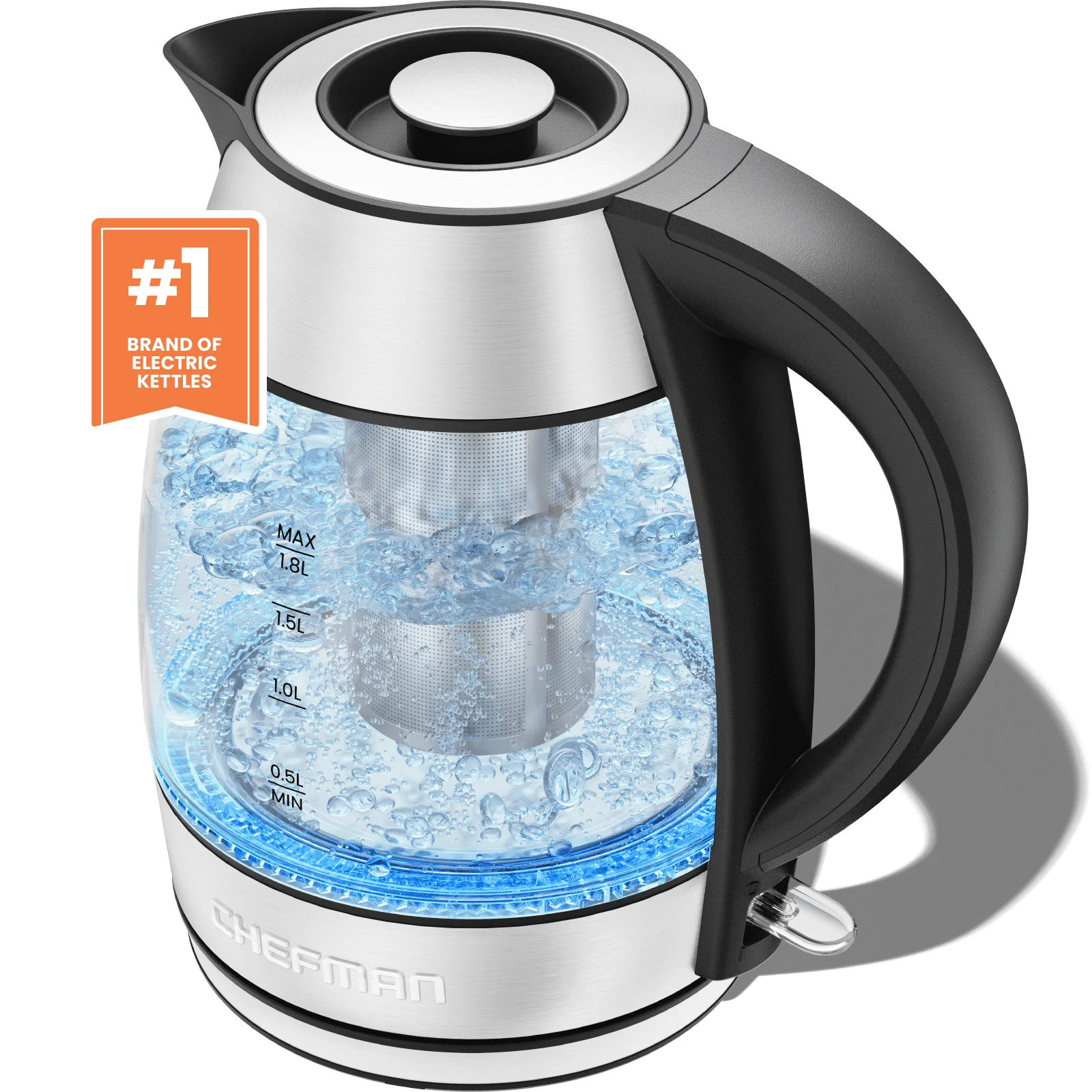 

Fast Boiling 1.8L Electric Glass Kettle, Removable Tea Infuser, LED Lights, Stainless Steel