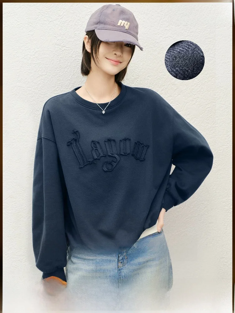 

MeiYang Letter Flower Bud Sweatirt Warm Fce Patch Embroidery Wednesday Theme Loose Fit Ladies Cotton Blend Long Sve S...