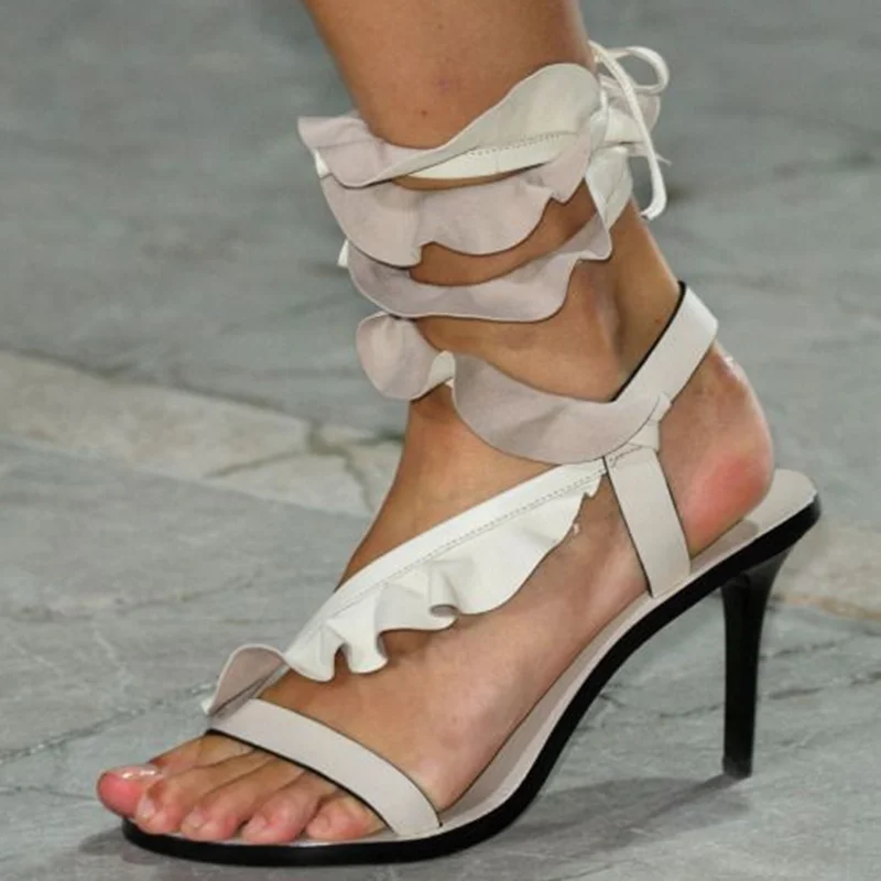 Ruffles Decoration Corss Tied  Sandals Sexy Round Toe Stiletto Matten Leather Ankle Strap New Arrivals Fashion Women Shoes
