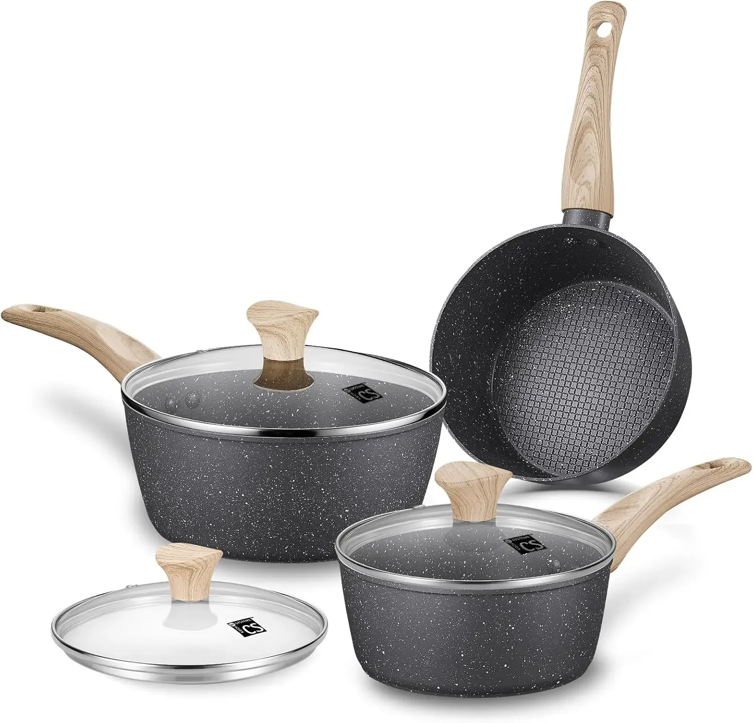 Sauce Pan Set with Lid Saucepan Sets with Nonstick Coatings Non-toxic Marble Sauce Pans with Lids Bakelite Handles-6 Piece