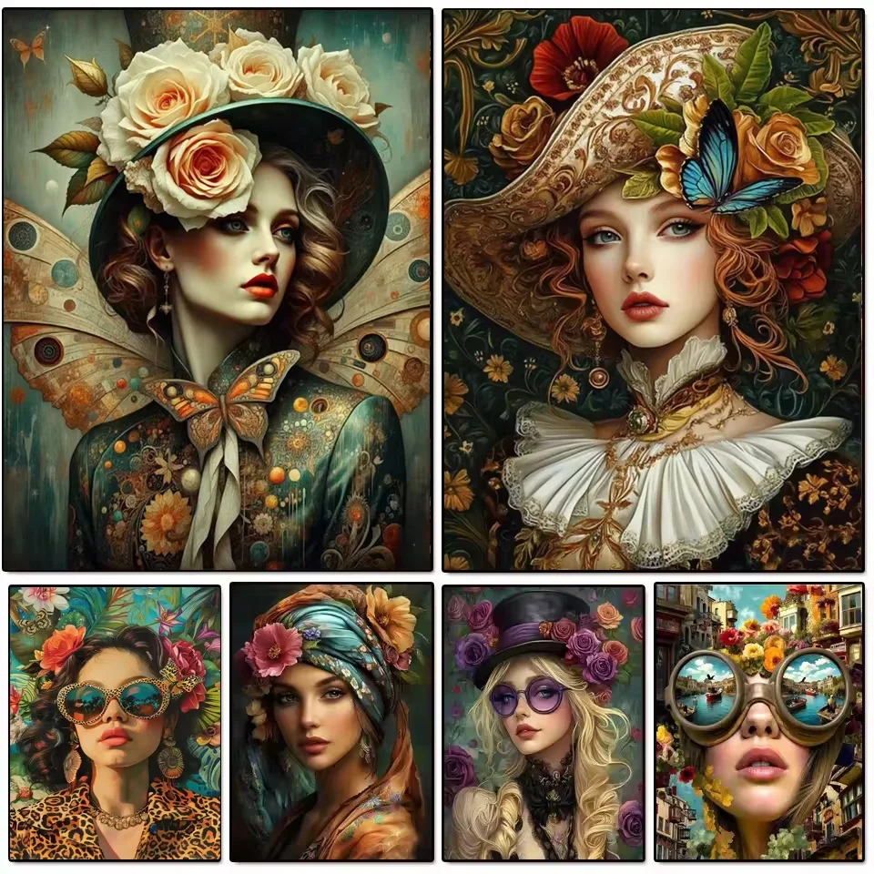 Victorian Woman With Floral Hat 5D DIY Full Round Diamond Painting Home Living Room Bedroom Aesthetic Bar Decoration