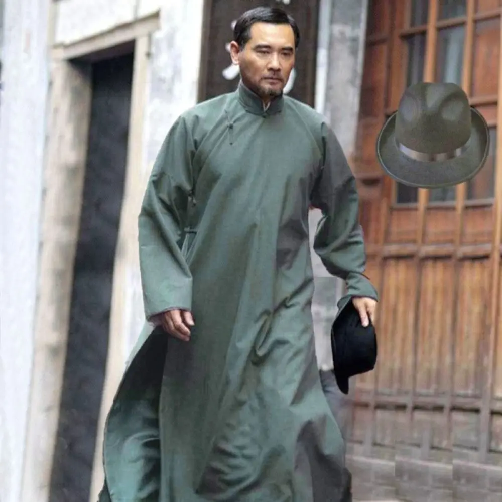 Traditional Chinese Mens Long Changshan Vintage Stage Costume Republic Style Teacher Cosplay Outfit Cultural