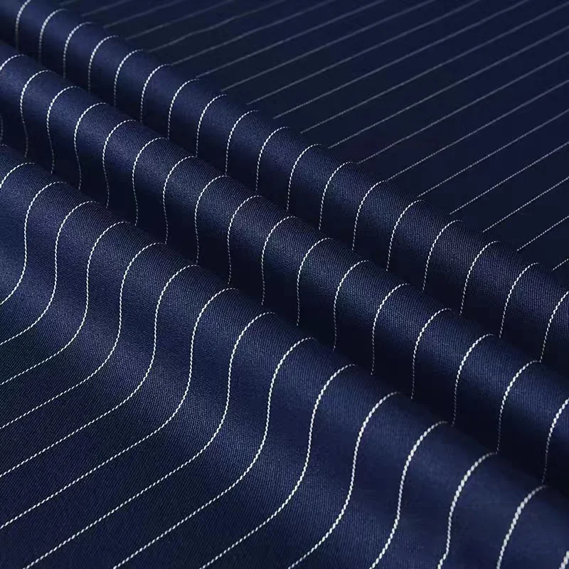 Tela a rayas para traje azul profundo, tela para traje de poliéster, falda y pantalones con drapeado, costuras diagonales, tela para ropa a medida