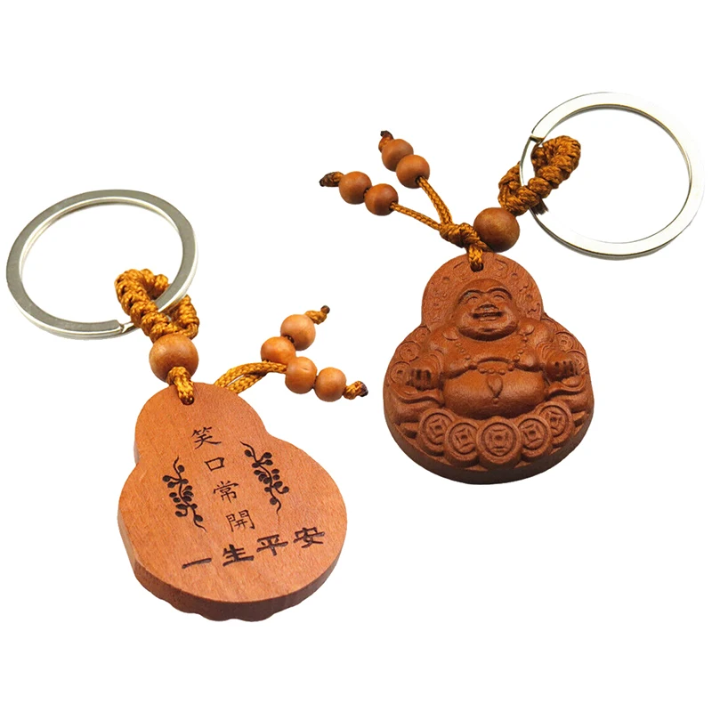 Lucky Jewelry Buddhism Peach Wooden Carving Buckle Keyring Pendant Wood Engrave Pray Lucky Buddha Keychain For Car Bag Keyring