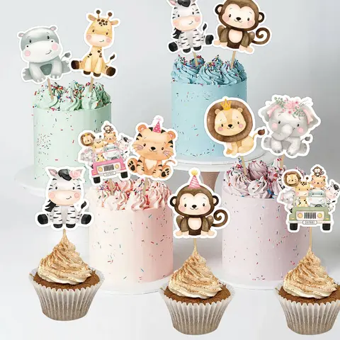 Conjunto de 24 animais dos desenhos animados bolo toppers, arco, flor, selva, safari, decorações do bolo de aniversário, suprimentos diy