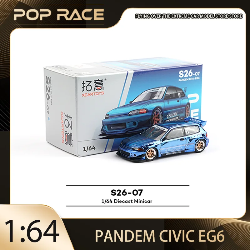 

POP RACE 1/64 Honda PANDEM Civic EG6 electroplated blue Alloy Premium Diecast Vehicle Model Toys Collectible Display Piece