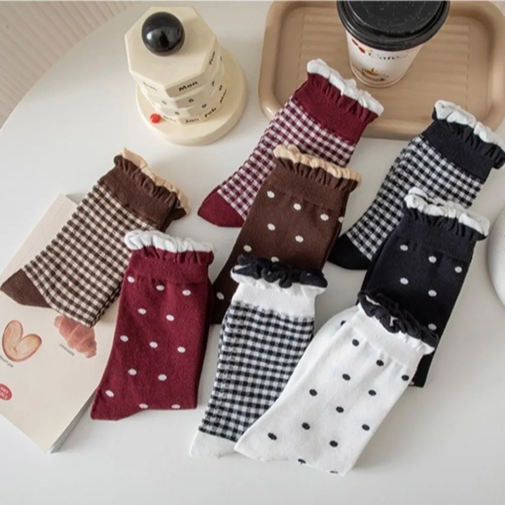 Fashion Slouch Style Mid Calf Socks Plaid Pattern Polka Dot Pattern Long Socks Frill Cuff Ruffle Design Crew Socks Winter Season