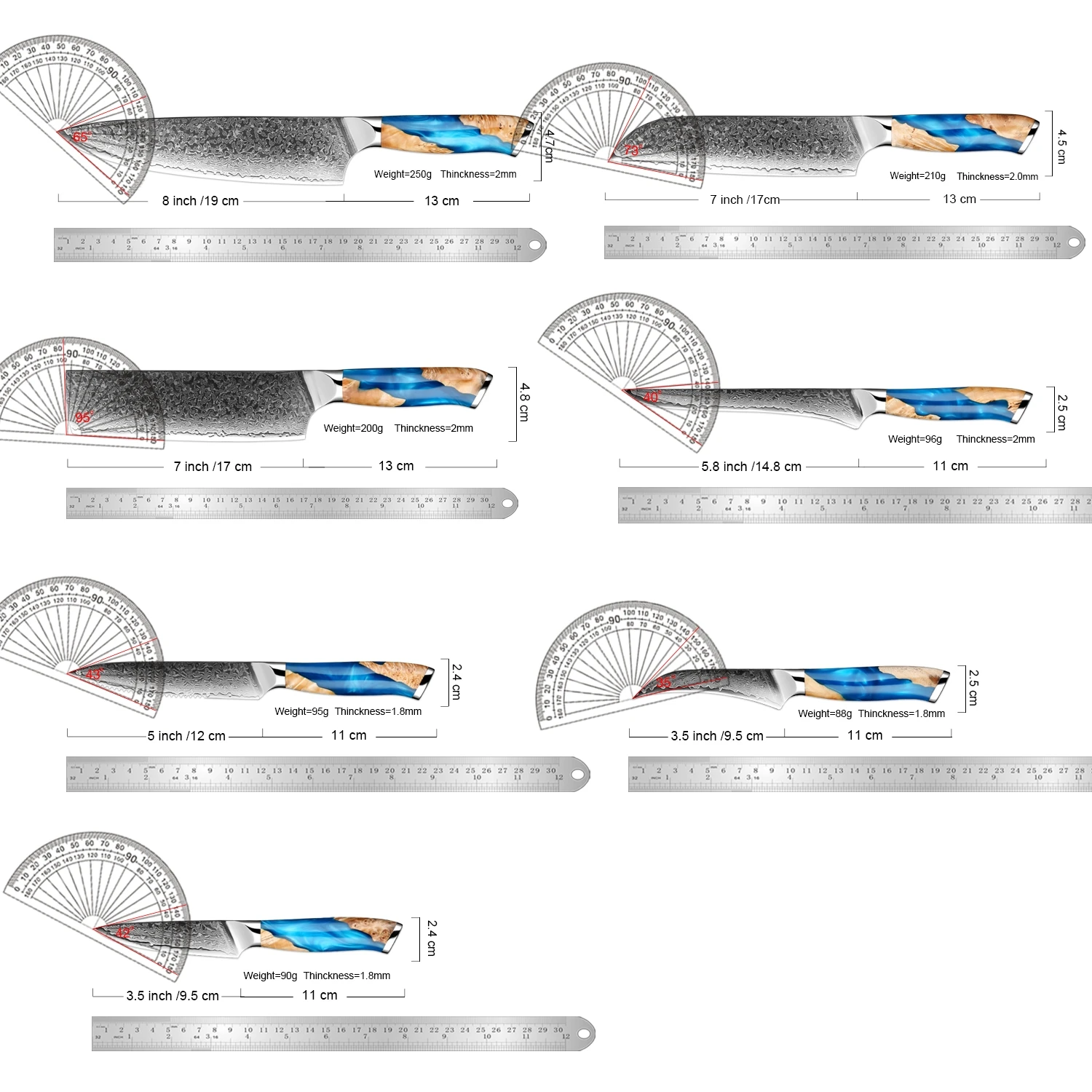 مجموعة سكاكين دمشق XITUO تتضمن سكين الشيف، سكين سانتوكو، سكين التراكم، سكين ناكيري، سكين شريحة لحم ياباني VG10 فولاذ دمشق